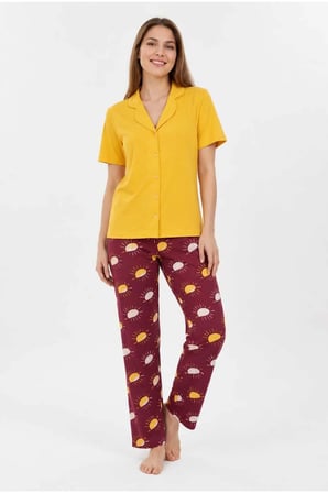 Kadın Pamuklu Boydan Düğmeli Kısa Kollu Pijama Takımı