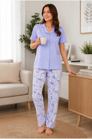 Kadın Pamuklu Boydan Düğmeli Kısa Kollu Pijama Takımı