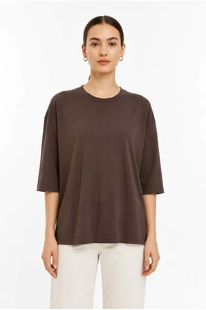 Kadın Oversize Basic Tişört Rahat Kesim Yarım Kol Bisiklet Yaka