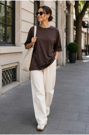 Kadın Oversize Basic Tişört Rahat Kesim Yarım Kol Bisiklet Yaka