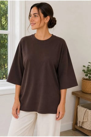 Kadın Oversize Basic Tişört Rahat Kesim Yarım Kol Bisiklet Yaka