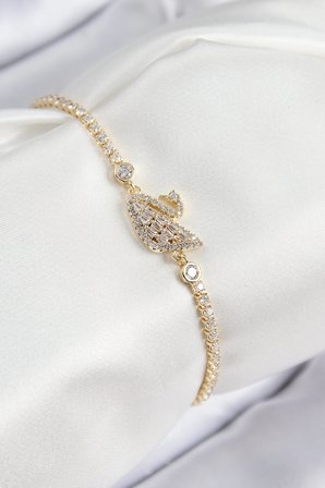 Pirinç Zirkon Taşlı Kuğu Model Gold Renk Kadın Bileklik