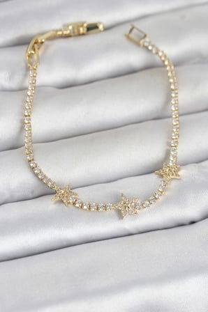 Pirinç Gold Renk Minimal Yıldız Model Zirkon Taşlı Su Yolu Kadın Bileklik