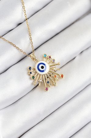 316L Çelik Zirkon Taşlı Nazar Model Gold Renk Kadın Kolye
