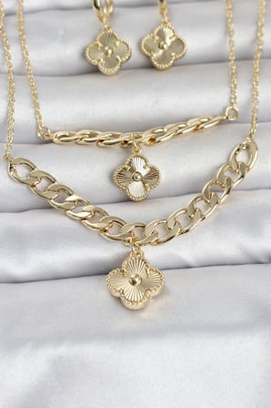 Gold Renk Pirinç Kolye Bileklik Ve Küpe Seti