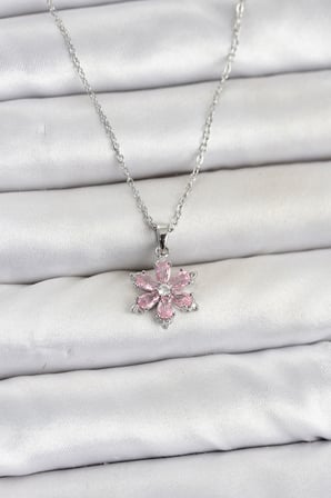 316L Çelik Zincir Gümüş Renk Pembe Zirkon Taşlı Lotus Model Kadın Kolye