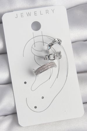 Pirinç Gümüş Renk Zirkon Taşlı 3'Lü Zincir Sarmal Model Kadın Kıkırdak Küpe
