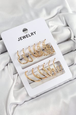 Pirinç Karışık Halka Model Gold Renk 6 Çift Kadın Küpe Set