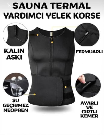 Vücut Şekillendirici Termoform Yelek Terleme Bel Sırt Karın Spor Korsesi Fermuarlı Sauna Yelek