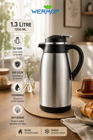 1300 ML İçi Cam Dışı Çelik Termos Büyük Boy Sıcak Soğuk İçecek Termosu
