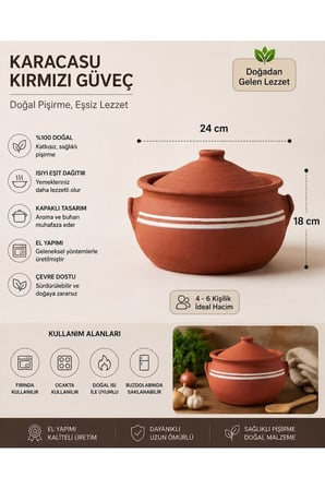 Karacasu Doğal Kapaklı Kırmızı Güveç 24-8 CM