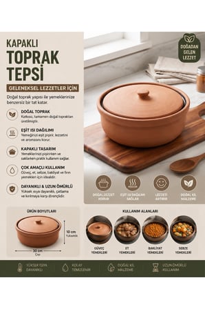 Doğal Kapaklı Toprak Tepsi Güveç - 30 Cm