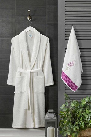 Kadın Havlulu Banyo Bornoz Takımı %100 Pamuklu Beyaz