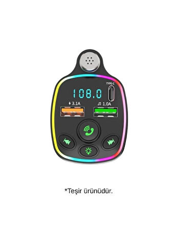 FM Araç Transmitter Bluetooth  Şarj Radyo Mikrofon Araç İçi Çakmaklık Şarj ve Ses Cihaz-TEŞHİR