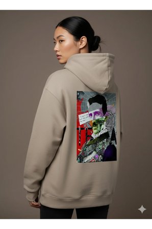 Lenithra Nikola Tesla Sırt Baskılı Unisex Oversize Hoodie Bej / XL