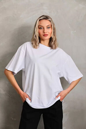 Teusta Unisex Bisiklet Yaka 20/1 Düz Oversize T-Shirt - Beyaz
