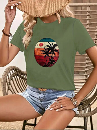 Teusta Kadın Kısa Kollu Palmiye Baskılı Viskon T-shirt