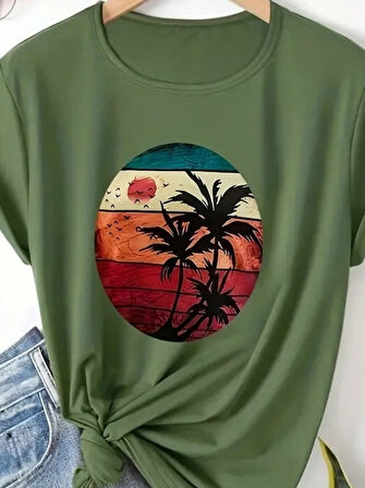 Teusta Kadın Kısa Kollu Palmiye Baskılı Viskon T-shirt