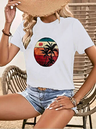 Teusta Kadın Kısa Kollu Palmiye Baskılı Viskon T-shirt