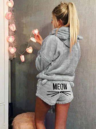 Teusta Kadın Uzun Kollu Meow Kedi Nakışlı Kapşonlu Peluş Sweat Ve Short Ikili Takım
