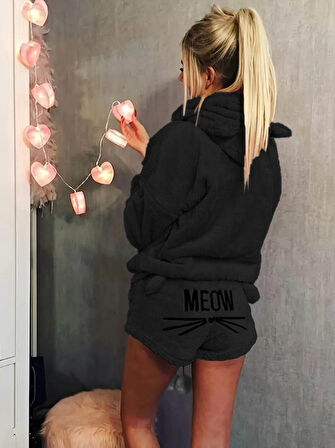 Teusta Kadın Uzun Kollu Meow Kedi Nakışlı Kapşonlu Peluş Sweat Ve Short Ikili Takım