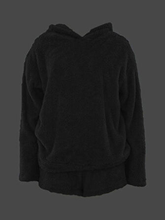 Teusta Kadın Uzun Kollu Meow Kedi Nakışlı Kapşonlu Peluş Sweat Ve Short Ikili Takım