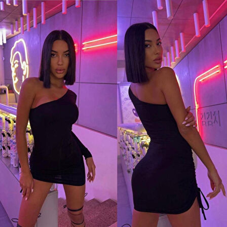 Teusta Kadın Omuz Dekolteli Asansör Büzgü Detay Fırsat ürün Mini Siyah Elbise