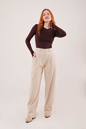 Teusta Premium Model Oturtmalı Krem Pantolon