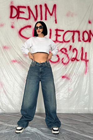 Teusta Lacivert Geniş Paça Jeans Pantolon