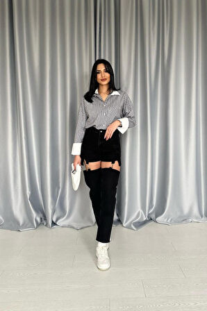 Teusta Siyah Askılı İki Parça Jeans Pantolon