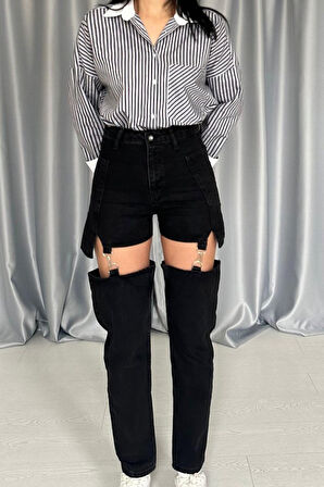 Teusta Siyah Askılı İki Parça Jeans Pantolon