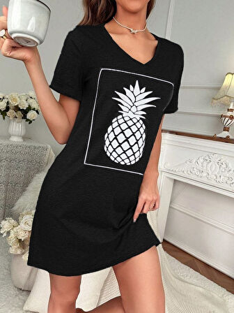 Teusta Kadın Ananas Baskılı Kısa Kol Viskon Elbise