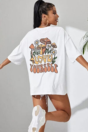 Teusta Unisex Baskılı Oversize T-Shirt - Beyaz