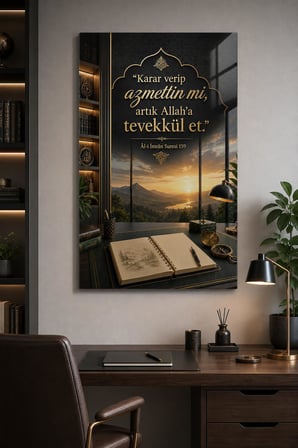 Ayetli Tevekkül Temalı Baskılı Cam Tablo – UV Baskı Manevi Duvar Dekoru