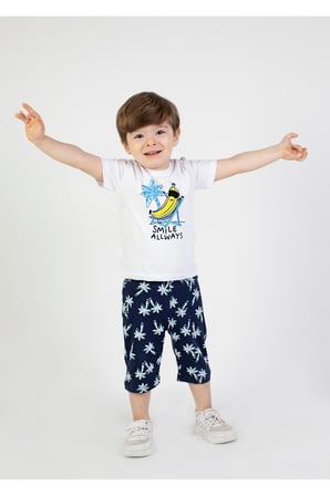 Erkek Bebek Kaprili Kısa Kollu Smile Desen Baskılı Yazlık Basic Alt-Üst Takım 6-24 ay