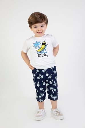 Erkek Bebek Kaprili Kısa Kollu Smile Desen Baskılı Yazlık Basic Alt-Üst Takım 6-24 ay