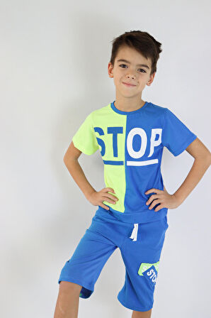 Erkek Çocuk Bisiklet Stop  Baskılı Kısa Kollu Basic Kaprili Takım 6-9 Yaş