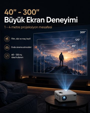 P62 WiFi Mini Projeksiyon Cihazı 1080P Full HD Destekli, iOS Android Telefon Yansıtma, 4000 Lümen HDMI USB