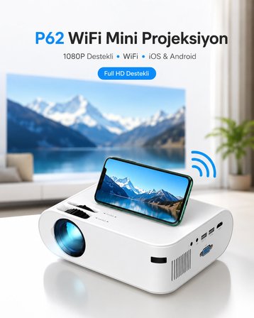 P62 WiFi Mini Projeksiyon Cihazı 1080P Full HD Destekli, iOS Android Telefon Yansıtma, 4000 Lümen HDMI USB