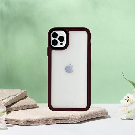 İPHONE 11 PRO MAX YANLARI RENKLİ SİLİKON PARLAK ARKA YÜZEYLİ  TİGER HİBRİT KAPAK BORDO