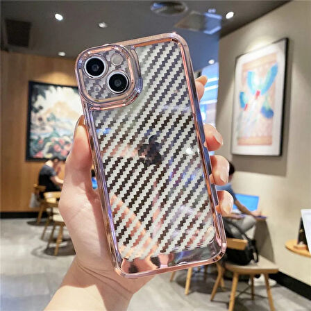 İPHONE 13 KARBON FİBER KAPLAMALI  YUMUŞAK RENKLİ SİLİKON KILIF ROSE GOLD