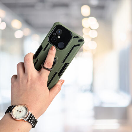 XİAOMİ REDMİ 12C YÜZÜKLÜ STANDLI  TANK KILIF  (ARMOR MILITARY CASE)  KOYU YEŞİL
