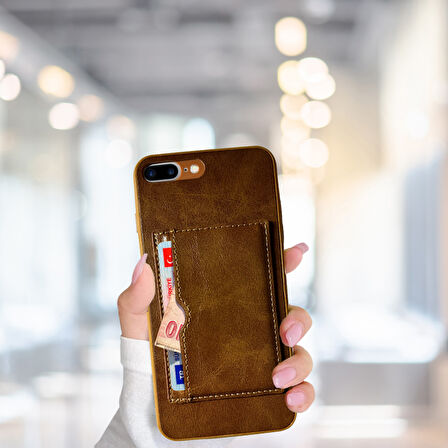 İPHONE 7-8 PLUS  KARTLIKLI STANDLI GLASE LÜX DERİ KILIF KAHVERENGİ