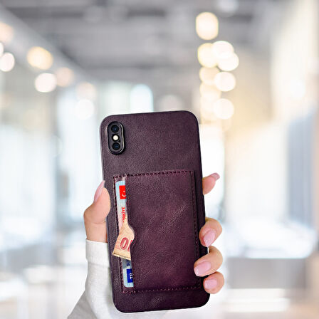 İPHONE XS MAX  KARTLIKLI STANDLI GLASE LÜX DERİ KILIF MOR