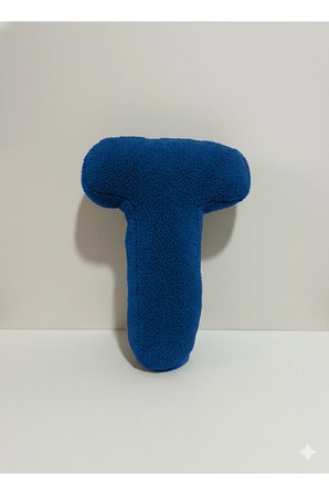 Peluş T Harf yastık , dekoratif kırlent , koyu mavi teddy kumaş , büyük boy 50 cm