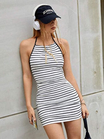 leyla sanat sanata yeni bir bakış açısı Kadın Kaşkorse Kumaş çizgili Ve Askılı Mini Elbise