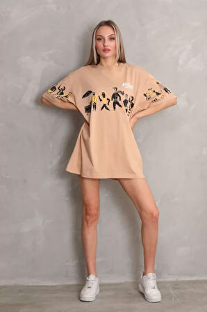 leyla sanat sanata yeni bir bakış açısı Unisex Bisiklet Yaka Baskılı Oversize T-Shirt - Bej