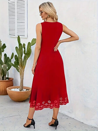 leyla sanat sanata yeni bir bakış açısı Kadın Kolsuz Etek Ucu Lazer Kesim çiçek Desenli Midi Boy Ithal Krep Elbise