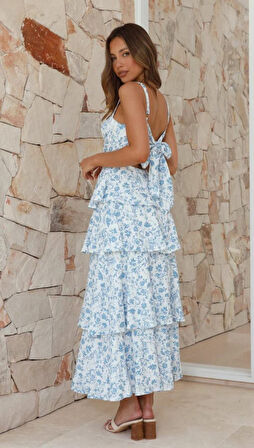 leyla sanat sanata yeni bir bakış açısı Kadın Askılı Dekolteli Yırtmaç Detay çiçek Baskılı Süprem Midi Elbise