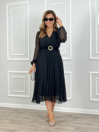 leyla sanat sanata yeni bir bakış açısı Kadın şifon Kumaş Astalı Kloş Kesim Kruvaze Yaka Midi Boy Elbise